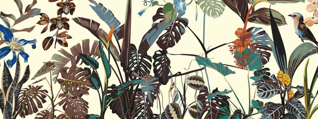 Tropical botanical landscape, palm tree, banana tree, exotic flowers, bird, plant floral  border background. Exotic jungle wallpaper.