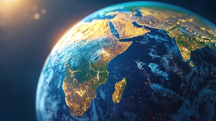 Fototapeta premium Stunning High-Resolution View of Earth from Space at Night Highlighting Africa and Middle East with Illuminated Cities and Stars Scatter in the Background