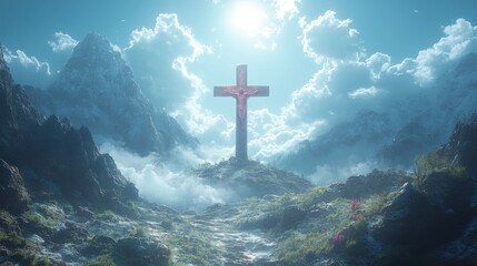 Naklejka premium cross of jesus christ with shroud on the sky with clouds digital painting