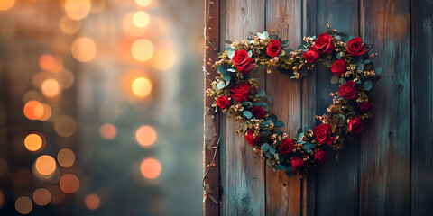 Heart Wreath with Roses on Rustic Door at Sunset