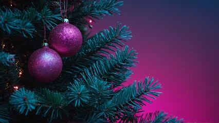 Fototapeta premium Purple glitter Christmas ornaments on a teal artificial tree