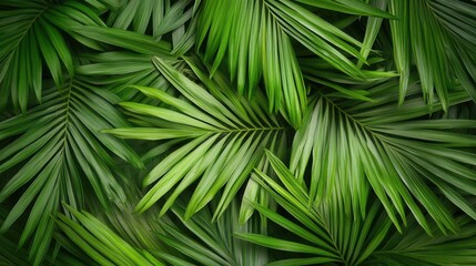 Lush green palm fronds create a vibrant tropical backdrop. Ideal for designs needing a summery, exotic feel; evokes nature, vacation, and relaxation.