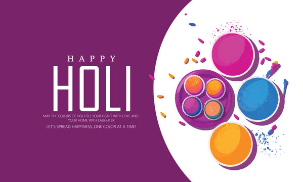 Holi celebration illustration featuring bowls of vibrant powder and a festive greeting message, symbolizing joy, happiness, and cultural festivity associated with this traditional festival.