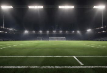 Obraz premium Football field under the lights with flashing strobes at night, athletic equipment, action, football field, strobe lights