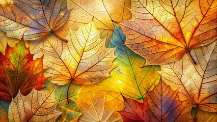 Abstract translucent layered fallen autumnal leaves, macro nature, autumn fall illustration background banner texture pattern
