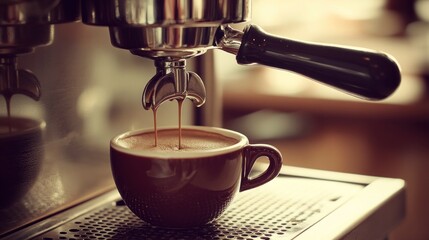 Espresso machine brewing coffee into a cup