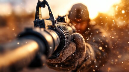 A gripping close-up of a soldier aiming a firearm, the scene depicted in dramatic light, revealing tension and focus amidst an action-oriented background landscape.