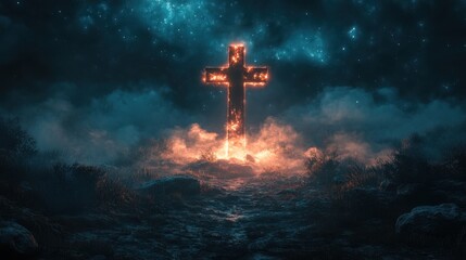 Naklejka premium cross with shroud in the night sky rendering computer digital drawing