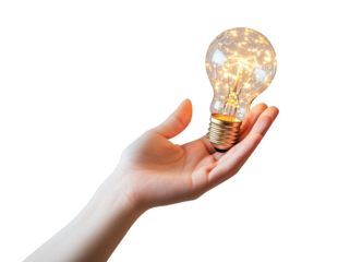 Woman’s hand presenting a decorative glowing bulb, isolated on transparent cutout background
