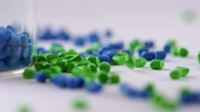 green and blue plastic granules in glass tubes close-up