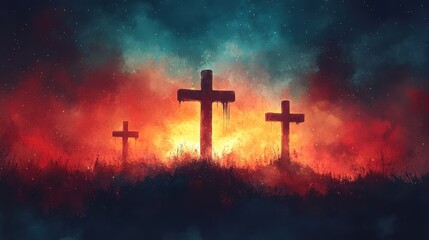 crosses of jesus christ on the hill digital watercolor painting
