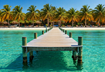 beautiful tropical beach scene with a wooden dock extending into crystal-clear turquoise waters The shoreline features white sand lined with lush, tall palm trees, creating a tranquil environment