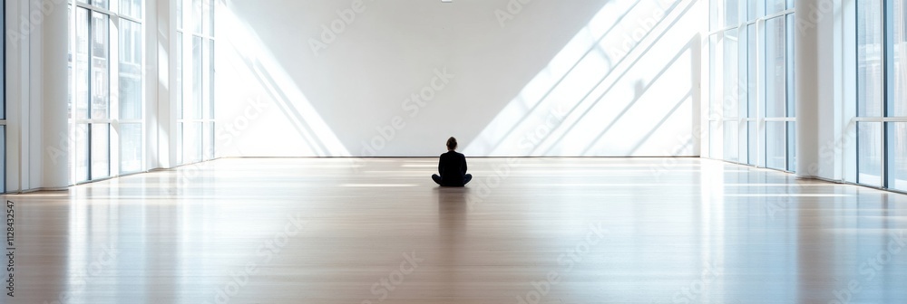 Leinwandbilder A person sits quietly on the floor of a vast, empty gallery, surrounded by bright light and ample space for expression or thought. Generative AI