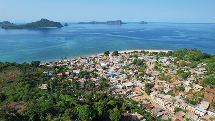 Aerial view Nioumachoua village, coast and islands, Moheli, Comoros