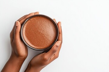 African American woman with mug of mocha coffee in her hands. Close up of a barista person holding a coffee cup isolated on white background with copy space. Top view. Flat lay