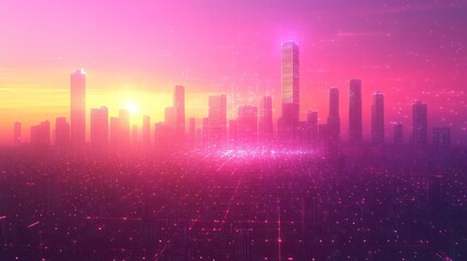 Fototapeta premium Futuristic Cityscape at Sunset: A Digital Metropolis