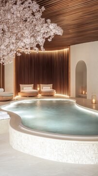The inviting interior of this modern spa showcases a tranquil pool area, complemented by a soothing lounge designed for relaxation, all enhanced by gentle, ambient lighting