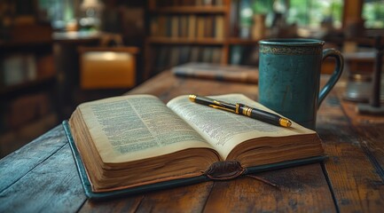 Obraz premium Open book, pen, and mug on wooden table in a study.