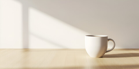 Fototapeta premium Coffee Cup on Wooden Table with Morning Sunlight