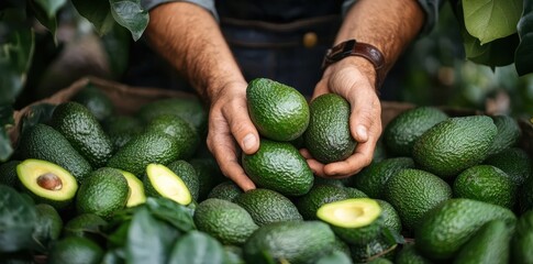 Worker picking fresh avocados in an orchard, a close-up of a natural harvest scene.