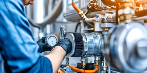 Furnace filter air purifying household. A technician inspects machinery components in an industrial setting, focusing on pressure measurement.