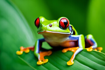 Naklejka premium A red-eyed tree frog on a leaf in Indonesia.