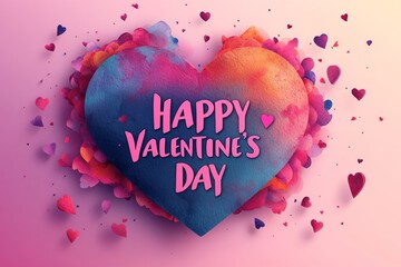 Watercolor heart is surrounded by floating hearts in celebration of valentine's day