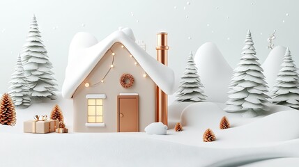 Naklejka premium Snow-covered cottage in a whimsical, winter wonderland landscape, isolated on a white background with copy space.