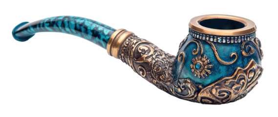 Decorative smoking pipe with turquoise accents and intricate patterns, isolated on transparent cutout background
