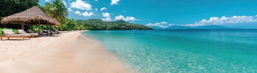 Fototapeta premium A serene beach scene featuring soft sand, clear turquoise waters, and lush green hills under a bright blue sky.