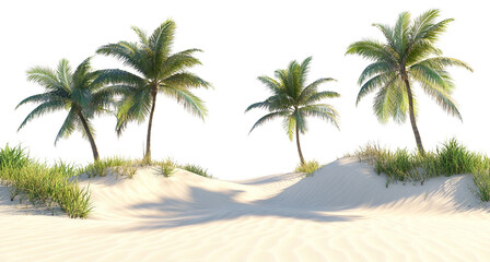 Tranquil sandy beach with shadows cast by tall coconut trees, evoking a sense of relaxation and paradise, isolated on a transparent background
