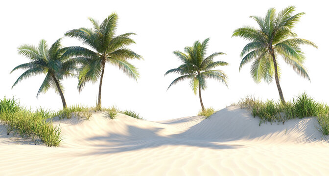 Tranquil sandy beach with shadows cast by tall coconut trees, evoking a sense of relaxation and paradise, isolated on a transparent background