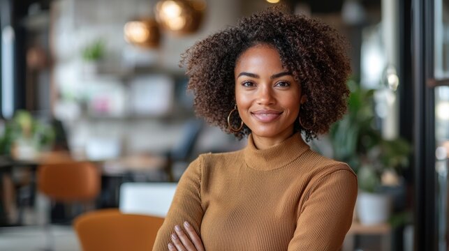 A confident woman in an elegant office guiding a virtual meeting with her remote team Her polished look and assertive demeanor reflect her leadership 