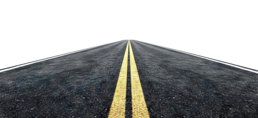 Perspective view of a long straight asphalt road with yellow double center lines and white edge markings, isolated on a transparent background
