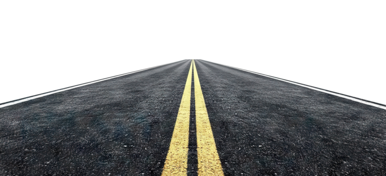 Perspective view of a long straight asphalt road with yellow double center lines and white edge markings, isolated on a transparent background
 - Powered by Adobe