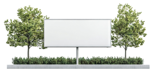 Modern urban billboard with ample space for advertisements, flanked by vibrant trees and bushes, isolated on a transparent background
