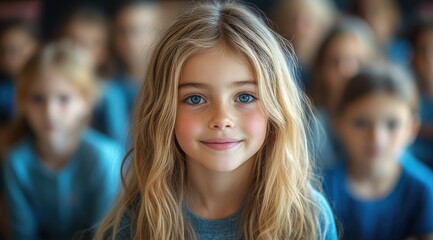 Portrait of a cute girl with long blonde hair and blue eyes, sitting in front of a blurred group of children.