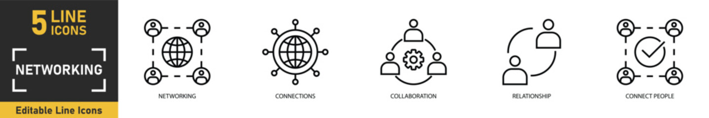 Fototapeta premium Networking line icon set. Set of 5 outline icons related to networking, connections, collaboration, relationship, connect people and more. Vector illustration.