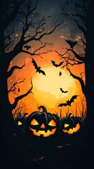Fototapeta premium Halloween Night Scene with Pumpkins and Bats