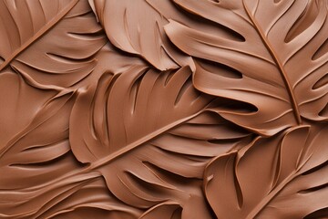 Obraz premium Abstract background texture of milk chocolate or mocha mousse in the shape of tropical leaves. Floral pattern in trendy color of the year 2025