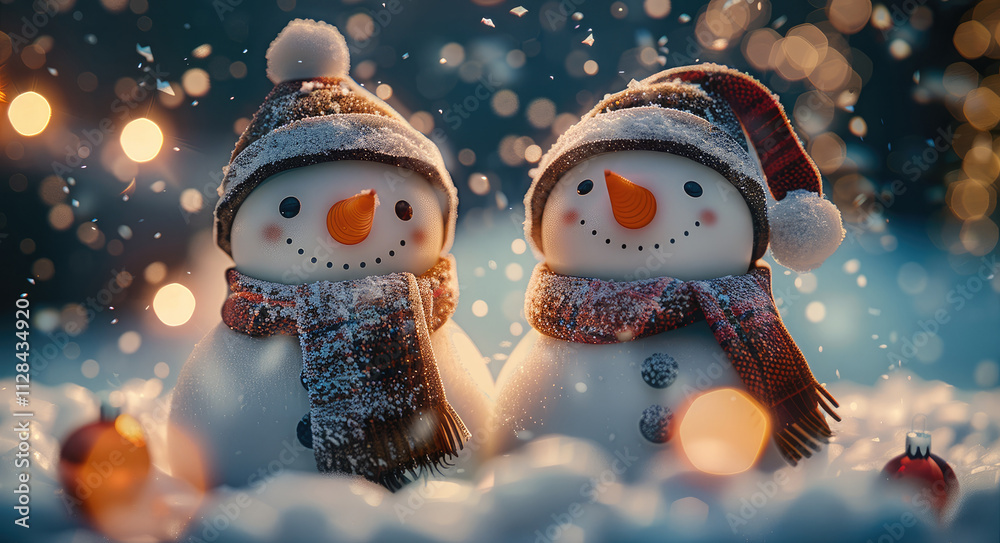 Aufkleber A cute smiling two snowman with bokeh lights in the background with snow falling.