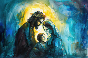 close up horizontal watercolor illustration of the holy family in the context of christmas celebration © AlfredoGiordano