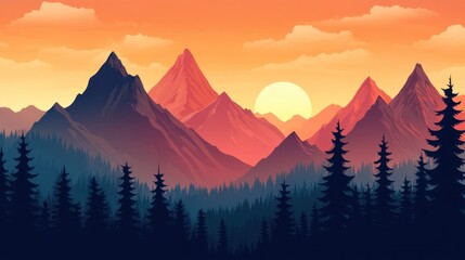 Vibrant mountain landscape at sunset with silhouettes