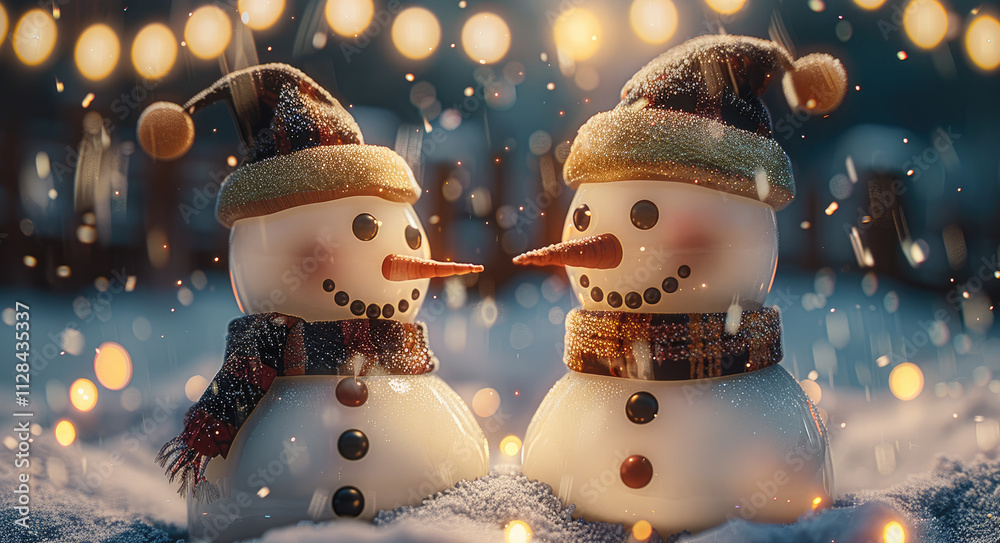 Aufkleber A cute smiling two snowman with bokeh lights in the background with snow falling.