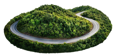 Scenic curved road surrounded by vibrant foliage, isolated on transparent cutout background
