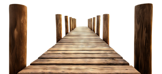 Long wooden pier with vertical posts, isolated on transparent cutout background
