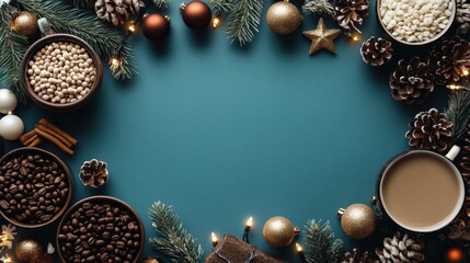 Holiday gift ideas promotional banner featuring coffee beans and hot cocoa ingredients surrounded by festive Christmas decorations, including lights, pine branches, and ornaments
