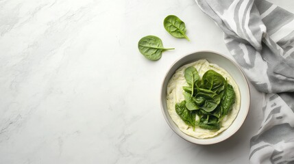 Obraz premium A bowl of creamy dip topped with fresh spinach leaves on a marble surface.