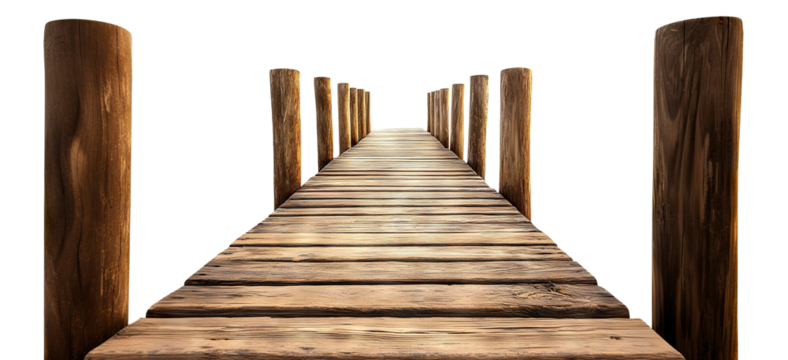 Long wooden pier with vertical posts, isolated on transparent cutout background
