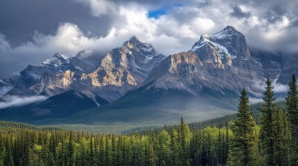 Obraz premium Rocky mountain peaks with deep valleys below, dramatic clouds overhead, majestic and powerful scene 